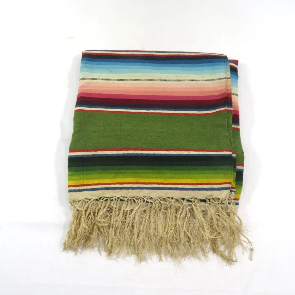 Serape Saltillo Mexican Multi Colored Fringe Wool Blanket 91x62 1/2 Vintage